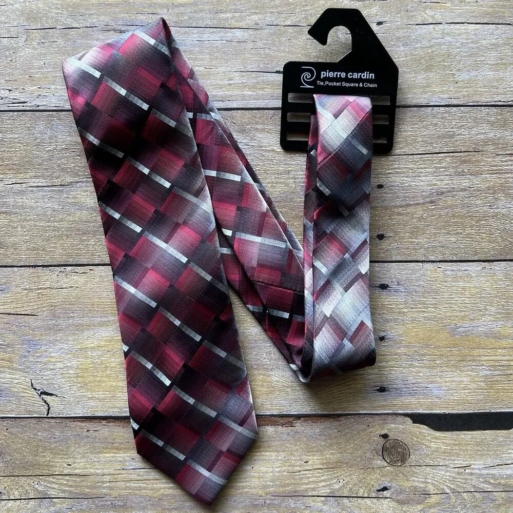 Pierre Cardin‎ Mens Geometric Plaid Tie Burgundy Grey Black Tie Chain Accessory